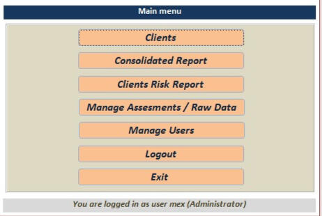 Main Menu Dashboard – Quick access to clients, reports, assessments, and user management